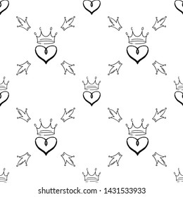 Royal Crown with Heart vector seamless pattern for packaging or digital paper, scrapbook and wallpaper. Fashion background for wallpaper and  textile. Simple flat design. Abstract wrapping decoration.