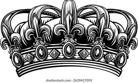 A royal crown heraldic heraldry design element in a vintage woodcut etching illustration crest or coat of arms style