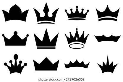 "Royal Crown Icon Collection Elegant Golden, Black Silhouette 
 Conjunto de vetores minimalista"