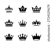 Royal Crown Icon Set  Black and White Vector Collection . Crown icons. Crown set. eps10