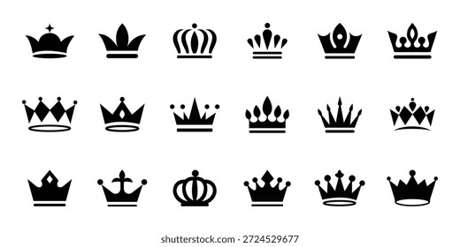 Royal Crown Icon Set  Black and White Vector Collection . Crown icons. Crown set. eps10