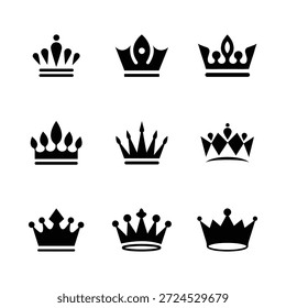 Royal Crown Icon Set  Black and White Vector Collection . Crown icons. Crown set. eps10