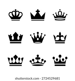 Royal Crown Icon Set  Black and White Vector Collection . Crown icons. Crown set. eps10