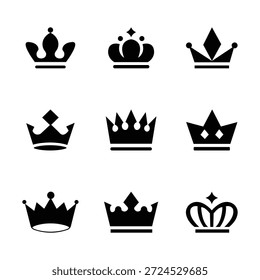 Royal Crown Icon Set Colección de Vector blanco y negro . Iconos de la corona. Conjunto de corona. eps10