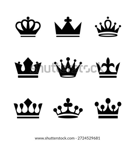 Royal Crown Icon Set  Black and White Vector Collection . Crown icons. Crown set. eps10