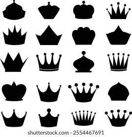  Royal crown icon set. Crown element, royal luxury symbols, black crown silhouettes, diverse crowns isolated on white background