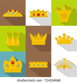 Royal crown icon set. Flat style set of 9 royal crown vector icons for web design