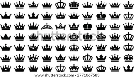 Royal crown icons, king and queen headwear, majestic tiara symbols, imperial black silhouettes, luxury authority signs, regal crowning elements.