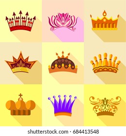 Royal crown icons set, flat style
