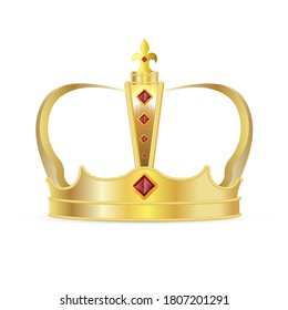 Royal crown. Isolated realistic royal gold crown with red ruby gems icon. Vector king or queen crown, medieval authority symbol decoration