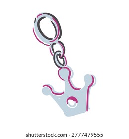Royal crown keychain vector art featuring silver metallic look and pink border detail feminine accessory illustration for princess themes jewelry charm element on white background.