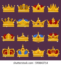 Royal crown, king or prince, princess or queen shiny headdress, golden pope tiara. Monarchy and imperial sign or emblem with diadem and jewelry. Imperial and victorian medieval elite icon, game award