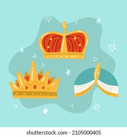 Royal crown. King, queen, prince, princess crown, diadem. Majestic, imperial, premium symbol. Kingdom decorative element, gold crown emblem. Luxury medieval jewelry. Isolated vector illustration.