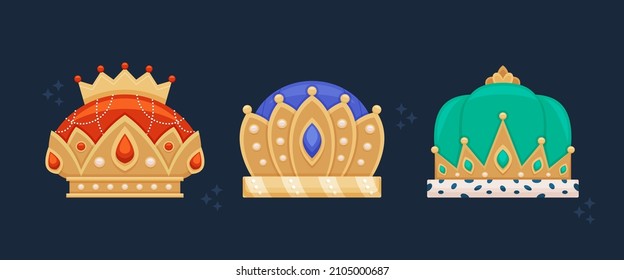 Royal crown. King, queen, prince, princess crown, diadem. Majestic, imperial, premium symbol. Kingdom decorative element, gold crown emblem. Luxury medieval jewelry. Isolated vector illustration.
