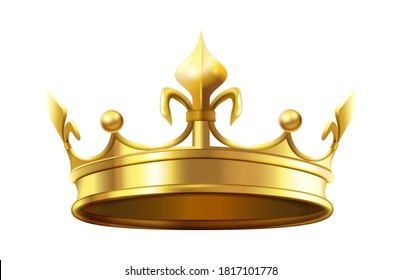 Royal crown for king and queen. Royalty and monarchy authority symbol, heraldic golden shiny element. Luxury 3d accessory for prince or princess isolated on white vector illustration