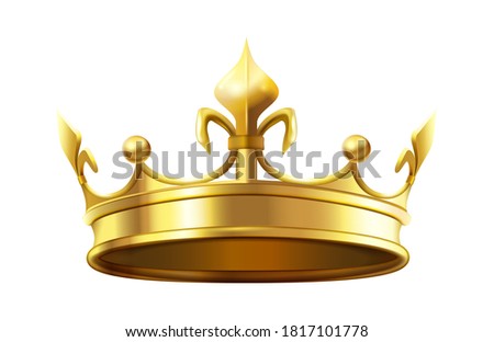 Royal crown for king and queen. Royalty and monarchy authority symbol, heraldic golden shiny element. Luxury 3d accessory for prince or princess isolated on white vector illustration