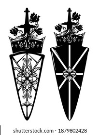 königliche Krone, Ritterschwert und heraldischer Schild mit Rosenblumen - schwarz-weißes Armdesign für Sicherheitskonzept