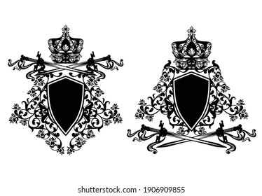 royal crown, knight sword and heraldic shield with rose flowers - black and white vector coat of arms design for empire ruler