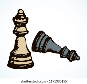 Royal crown lady rank on check board backdrop. Dark line ink hand drawn chessmen winner think toy element logo emblem sketch in retro art doodle cartoon style pen on paper space for text. Closeup view
