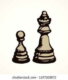 Royal crown lady rank on check board backdrop. line black ink hand drawn chessmen winner element logo in retro art doodle cartoon style on paper space for text. Closeup view think toy concept emblem 