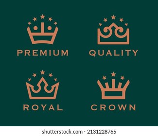 Conjunto de iconos de la corona real. emblemas de la marca king de lujo. Elegante colección de símbolos de negocios de oro. Paquete vectorial de ilustraciones de elementos de diseño premium.