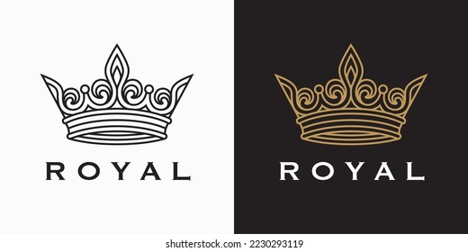 Royal crown logo. Luxury brand line icon. Elegant label symbol. Premium fashion design element. Vector illustration.