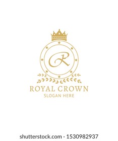 Royal crown logo template - flat golden badge with crown symbol and monogram letter in circle shape decorated with branches. Elegant luxury icon - isolated vector illustration.