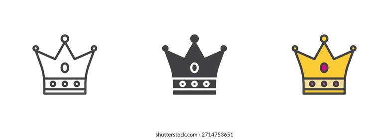 Coroa real medieval estilo diferente ícone conjunto. Linha, contorno preenchido e ícone de vetor de cor sólida. Símbolo de calça King, símbolo de monarquia, ícone de emblema de potência para temas de heráldica e realeza.