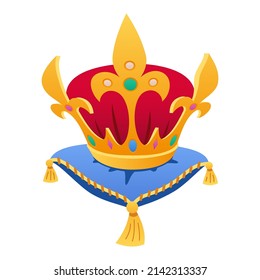 Corona real - diseño plano moderno de un solo objeto aislado. Imagen clara de una hermosa dirección personalizada con oro, terciopelo rojo y piedras preciosas. Un atributo de poder, poder y fuerza.