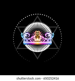 Royal crown on a background of stars, geometric composition.  Decoration, imperial attribute richly ornamented with floral ornament. A unique tattoo. Vector illustration for print on t-shirts, cover. 