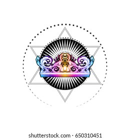 Royal crown on a background of stars, geometric composition.  Decoration, imperial attribute richly ornamented with floral ornament. A unique tattoo. Vector illustration for print on t-shirts, cover. 