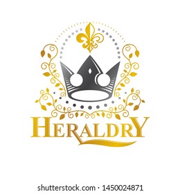 Royal Crown, Pentagonal Star emblem. Heraldic vector design element. Retro style label, heraldry logo. Ornate logotype isolated on white background.