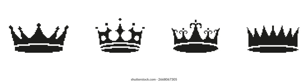 Conjunto de iconos pixelados Royal Crown. Colección de símbolos de arte de píxeles de varias coronas majestuosas con joyas y picos. Ilustración vectorial aislada.