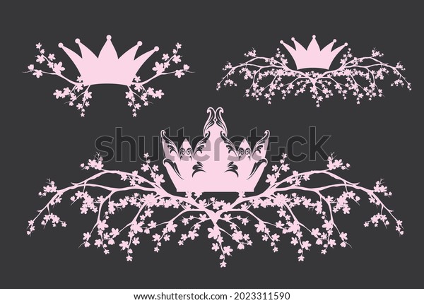 royal crown\
and sakura flower branches vector page design elements silhouette\
set for princess or queen\
decor