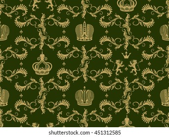 Royal crown seamless pattern with beige flourish ornament heraldic lion on green background vector illustration
