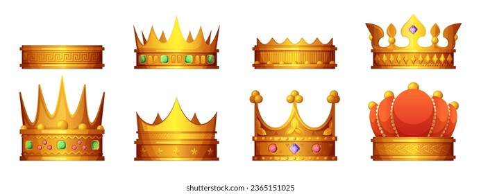 Royal crown set. Cartoon king noble knight princess head decorations, antique royal crown with jewels, tiara in flat style. Vector isolated set of crown royal and noble illustration