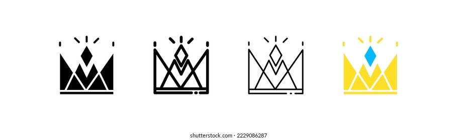 Königliche Krone setzt Symbol. Macht, Reich, Geschenk, Gold, Relikt, Symbol der Macht, Palast, Schloss, königliches Blut, Erbe des Throns. Vier Vektorsymbol in verschiedenen Stilen auf weißem Hintergrund