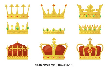 Royal crown set. King or queen authority symbol, gold jewel for prince and princess. For monarchy, jewelry, kingdom concept
