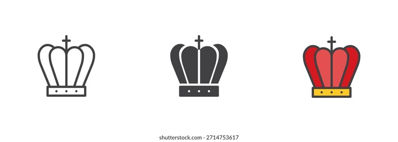 Royal crown with ship medieval different style icon set. Line, filled outline and solid color vector icon. Nobility symbol, sea power sign, heraldic emblem icon for fantasy themes.