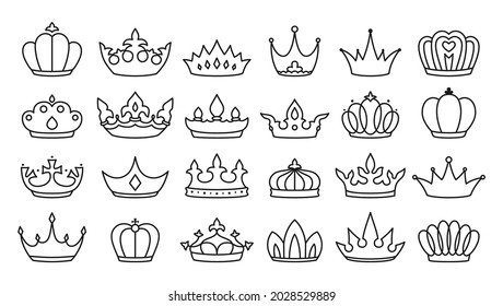 Royal crown sign black line set. King crowns, majestic coronet and luxury tiara icon. Queens or princess jewelry heraldic hat insignia. Monochrome logo emblem vintage antique emperor symbols