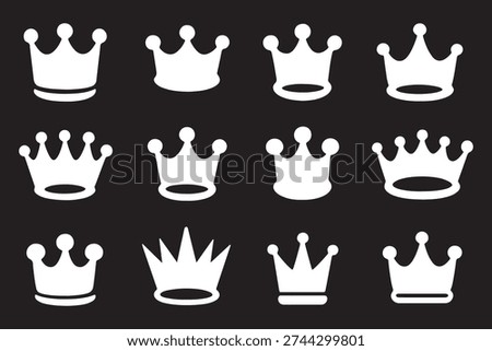 Royal crown silhouette icons set, vector illustration of queen crowns, luxury crown shapes, black royal symbol, monarchy design, king crown flat graphic elements