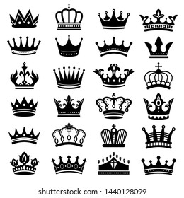 Royal crown silhouette. King crowns, majestic coronet and luxury tiara silhouettes. royal queens crown or princess jewelry heraldic hat insignia. Isolated vector symbols set