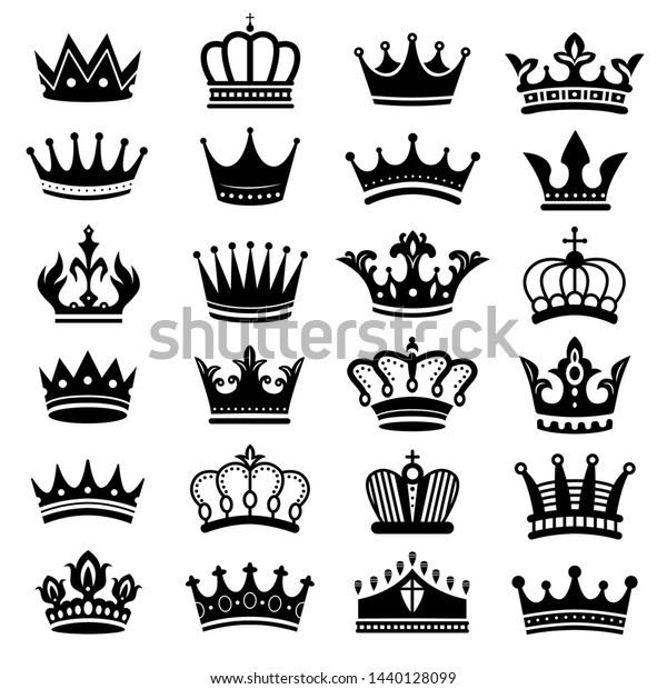 王冠シルエット 王冠 荘厳な戴冠 豪華なティアラシルエット 王室のクイーンズの王冠や王女の宝飾品の紋章 分離型ベクトルシンボルセット のベクター画像素材 ロイヤリティフリー
