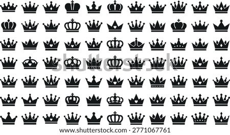Royal crown silhouettes, king queen majestic headwear, imperial luxury symbols, noble authority icons, regal crowning elements, heraldic jewelry signs.