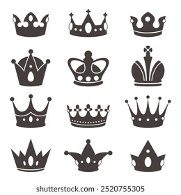 Siluetas de la corona real. Iconos del símbolo del poder, accesorios del rey, de la reina y de la princesa, corones majestuosos, Elementos heráldicos simples, diadema del monarca, diseño del logotipo, sistema aislado plano negro del Vector