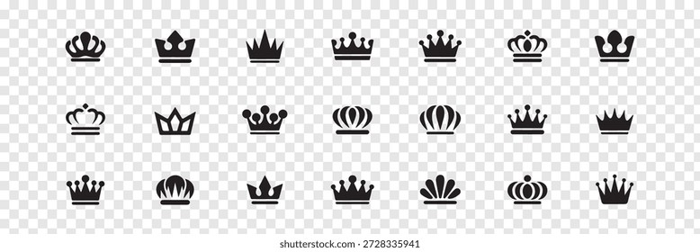 Royal Crown Silhouetten Set Black Vector Icons Collection King Queen Crowns Vektor und Illustration. Set von eleganten schwarzen königlichen Kronen. verschiedene luxuriöse heraldische Designs. Krone Vektorgrafik mega se