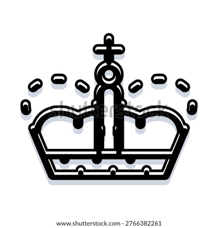 Royal crown with stylized cross atop, minimalist gold silhouette symbolizing monarchy, authority, leadership, victory and luxurious status for awards, achievement and prestige