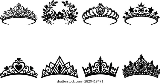 Royal Crown and Tiara Silhouette Vector Bundle Featuring Ornate, Floral, Geometric, and Decorative Headpiece Designs for PageantryRoyal Crown and Tiara Silhouette Vector Bundle Featuring Ornate, Floral, Geometric, and Decorative Headpiece Designs for Pageantry
