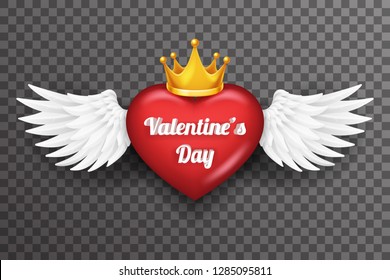 Royal crown valentine day heart white bird angel fly wings 3d realistic transparent design background vector illustration