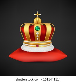 Royal crown vector. Realistic luxury gold symbol of monarchy, antique diadem with diamonds on red pillow illustration